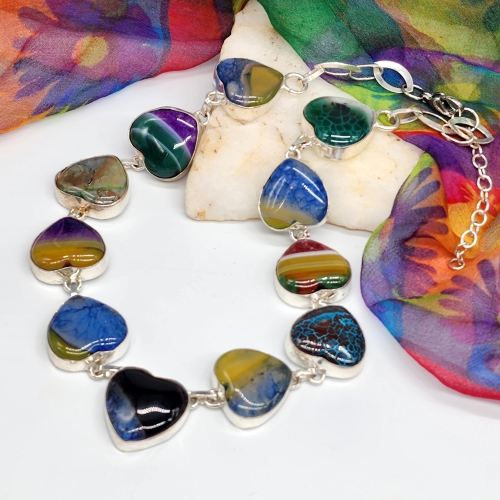 Vintage Jewelry Sterling Silver 925 Necklace Genuine Agate Stones Heart